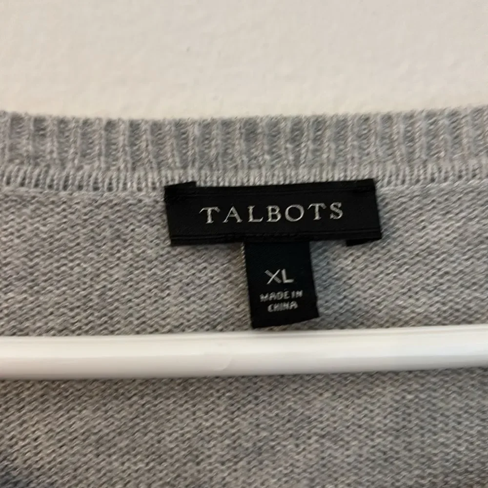 Talbots Women’s Fair Isle Lambs wool blend ruffle knit sweater gray black XL EUC